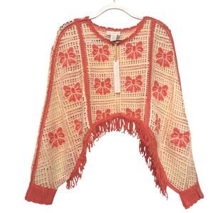 NWT House of Harlow Nicole Richie Pink White Bow Crochet Poncho Sweater Fringe
